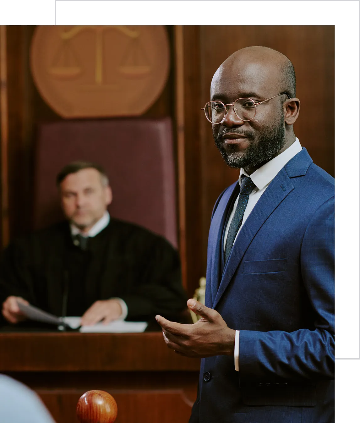 Lawyer presenting case in courtroom