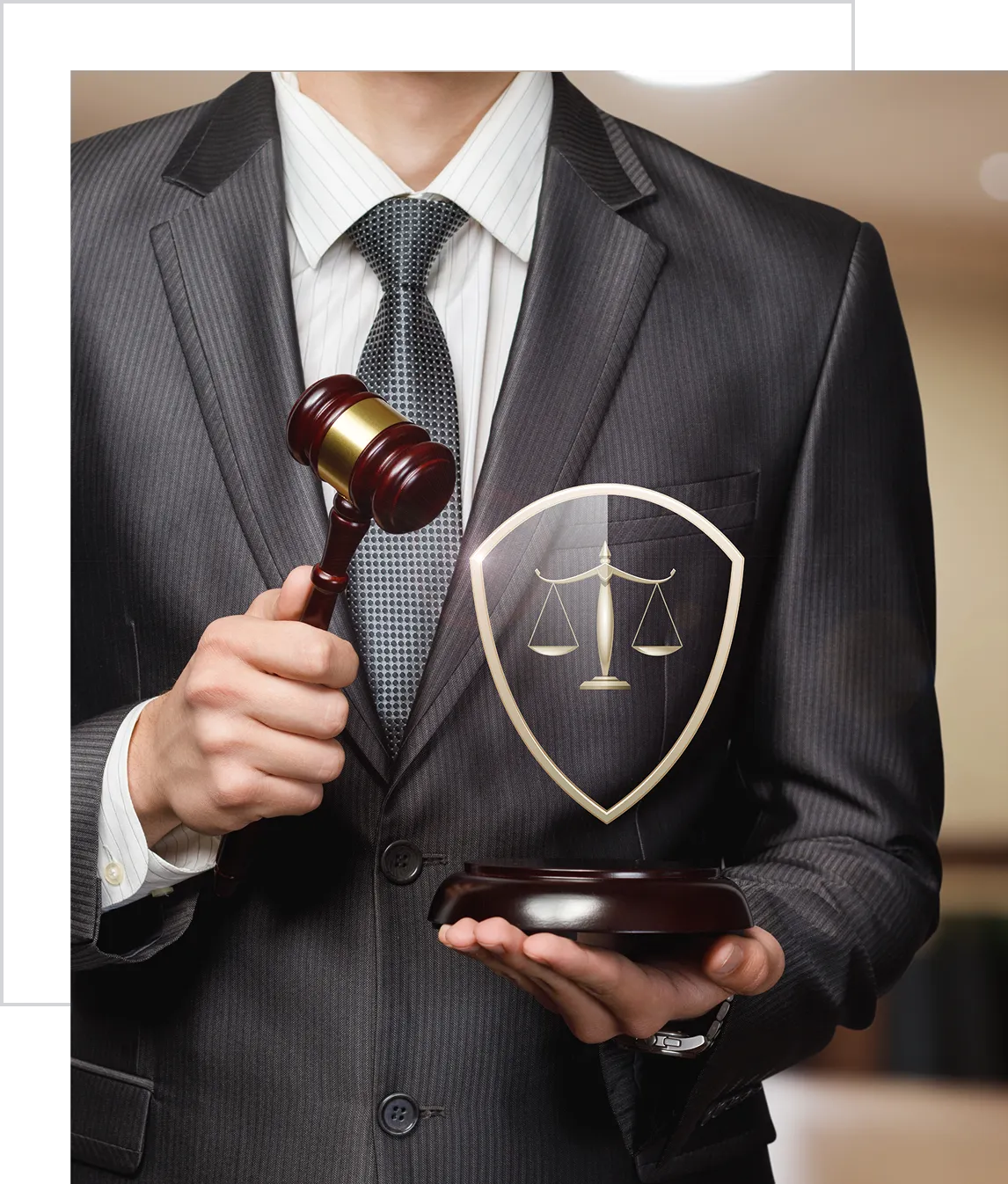 Businessman displaying law and justice emblem